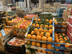 KI generiert: Das Bild zeigt mehrere große Obstkörbe, die mit einer Vielzahl frischer Früchte wie Trauben, Äpfeln, Ananas und Bananen gefüllt sind. Die Körbe sind auf einem Tisch in einer Art Lagerhalle oder Geschäft aufgereiht.